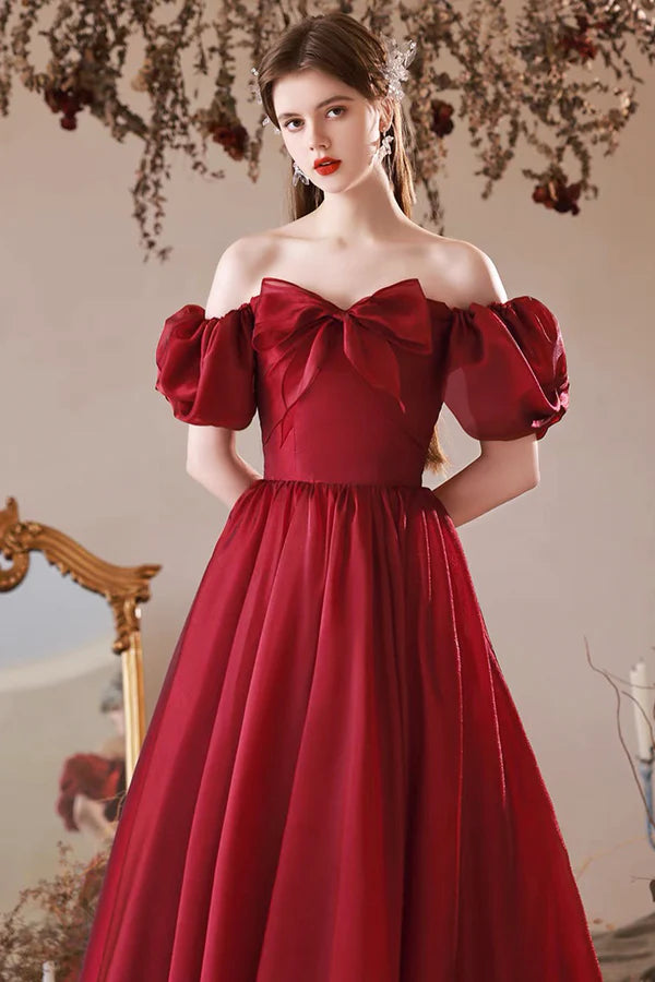 Burgundy Tulle Long Prom Dress Off the Shoulder Beautiful A-Line Evening Party Dress