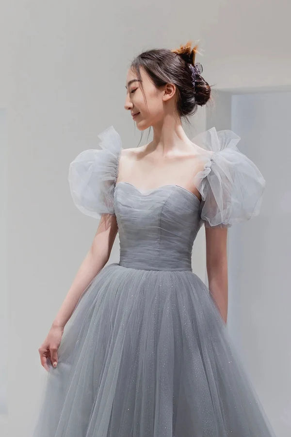 Gray Tulle Floor Length A-Line Prom Dress Lovely Puff Sleeve Evening Party Dress