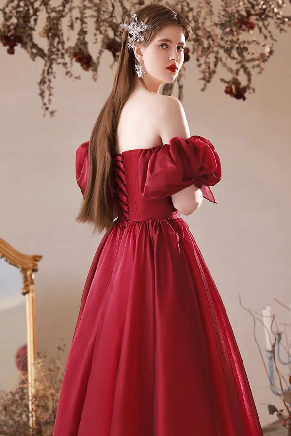 Burgundy Tulle Long Prom Dress Off the Shoulder Beautiful A-Line Evening Party Dress