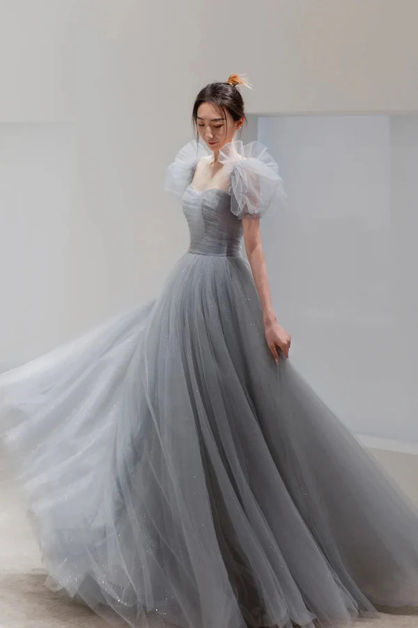 Gray Tulle Floor Length A-Line Prom Dress Lovely Puff Sleeve Evening Party Dress