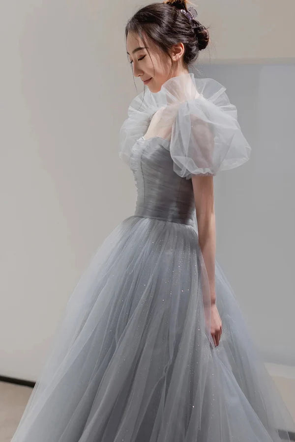 Gray Tulle Floor Length A-Line Prom Dress Lovely Puff Sleeve Evening Party Dress