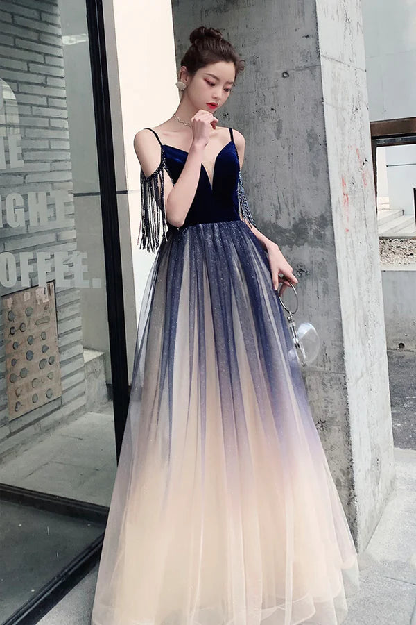 Blue Spaghetti Strap Gradient Long Formal Dress A-Line V-Neck Prom Dress