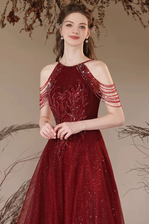 Burgundy Halter Tulle Long Prom Dress with Beads Elegant A-Line Backless Party Dress