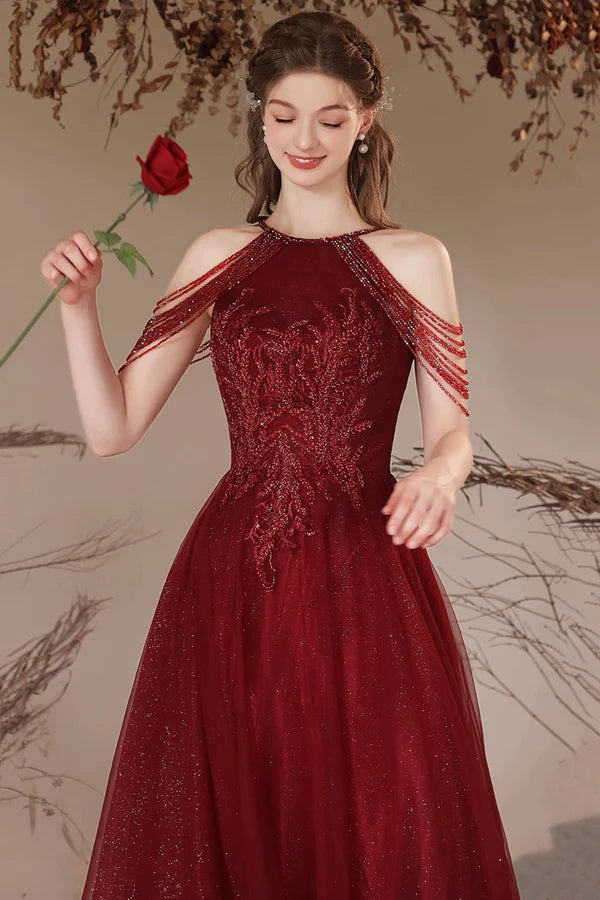 Burgundy Halter Tulle Long Prom Dress with Beads Elegant A-Line Backless Party Dress