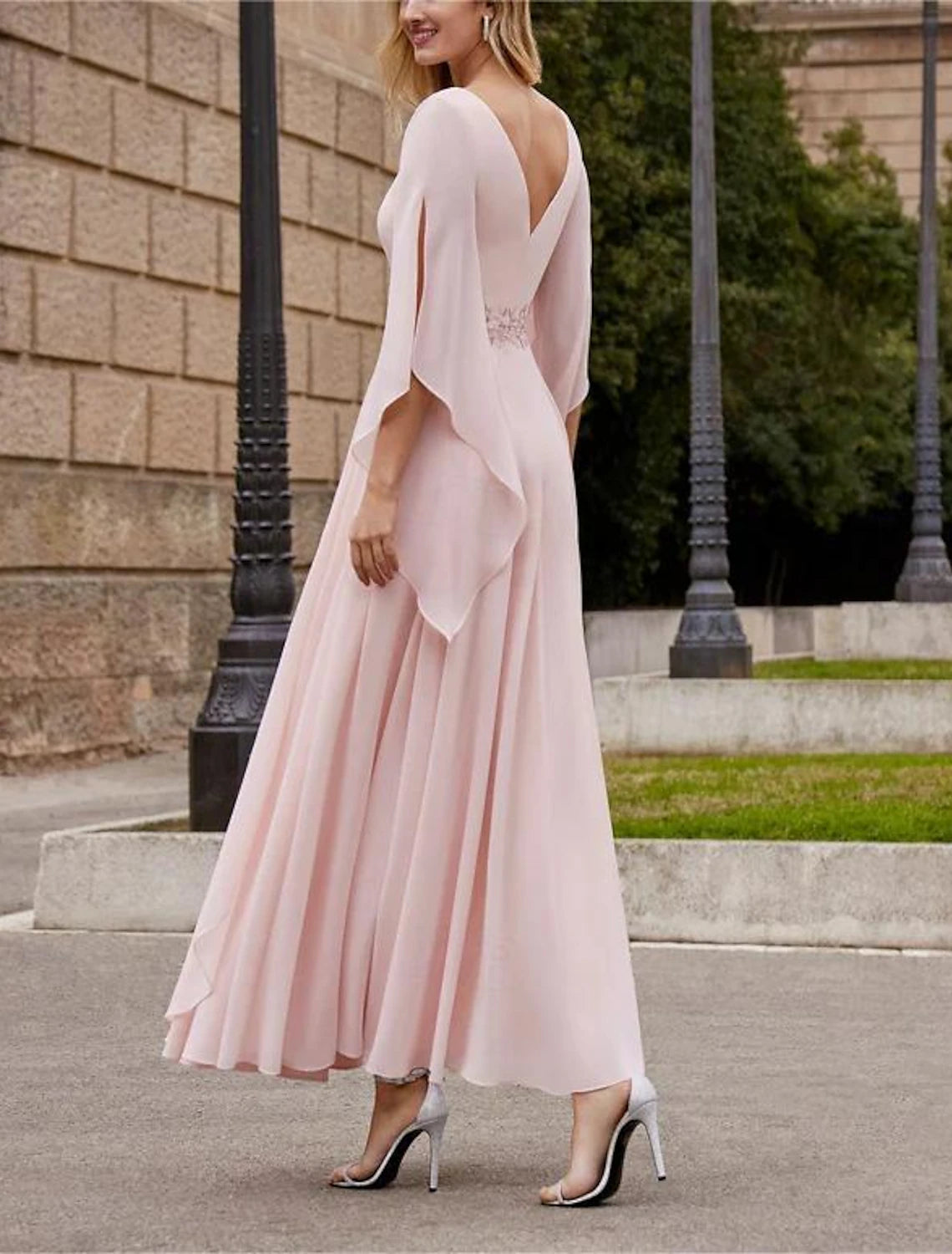 Buyishang A-Line Mother of the Bride Dress Formal Wedding Guest Elegant Bateau Neck Ankle Length Chiffon 3/4 Length Sleeve with Beading Sequin free custom size