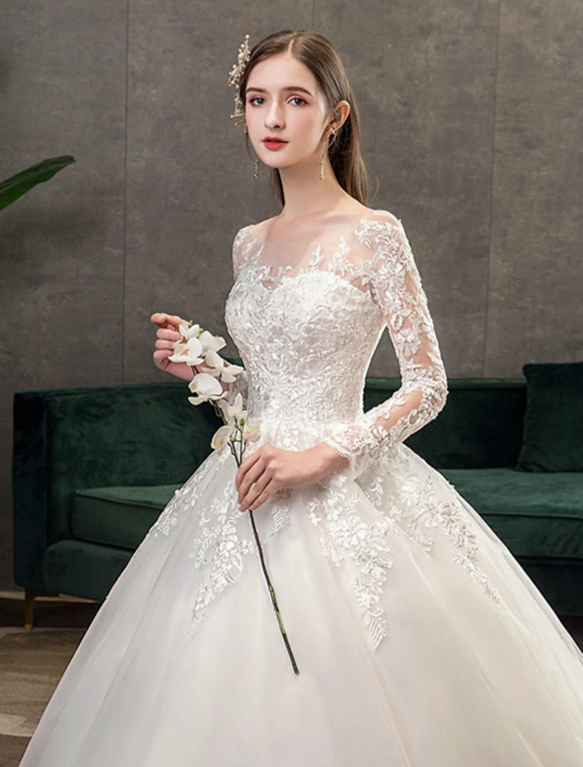 Buyishang Engagement Formal Wedding Dresses Ball Gown Illusion Neck Long Sleeve Cathedral Train Lace Bridal Gowns With Pleats Appliques Fall Wedding