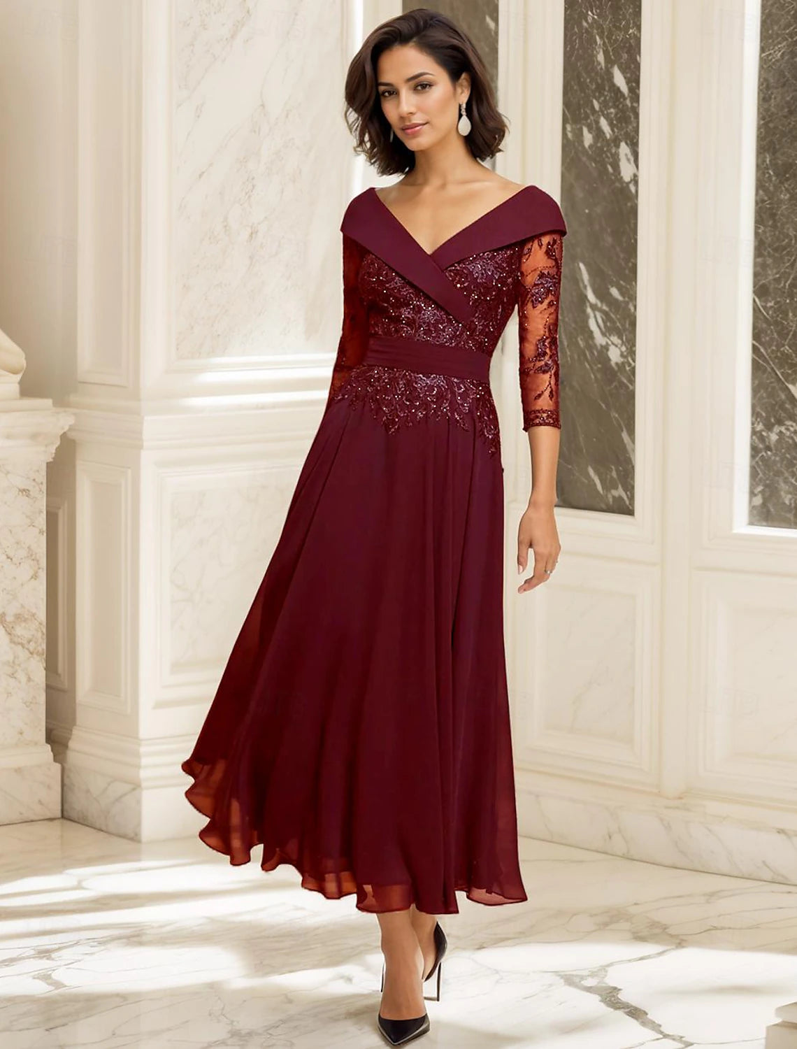 Buyishang A-Line Mother of the Bride Dress Wedding Guest Elegant Sweetheart Ankle Length Chiffon 3/4 Length Sleeve with Lace free custom size