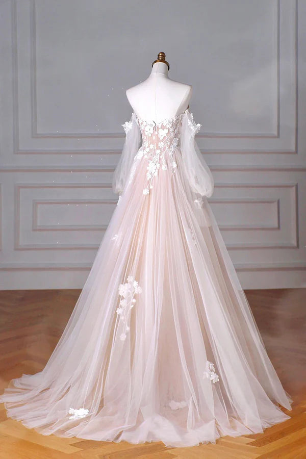 Champagne Tulle Lace Floor Length Prom Dress Off the Shoulder Long Sleeve Evening Party Dress