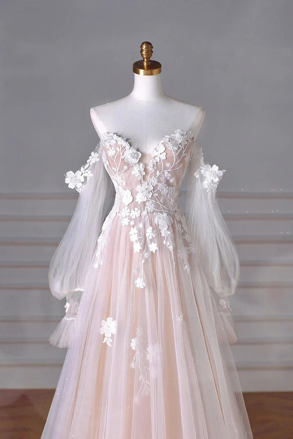 Champagne Tulle Lace Floor Length Prom Dress Off the Shoulder Long Sleeve Evening Party Dress