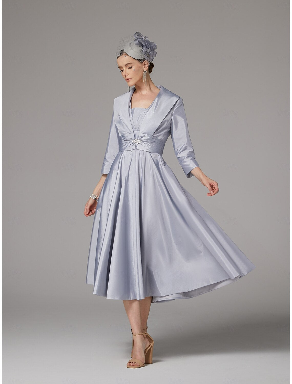Buyishang A-Line Dress Suit Mother of the Bride Dress Elegant Vintage Plus Size Square Neck Tea Length Polyester 3/4 Length Sleeve Jacket Dresses with Ruching