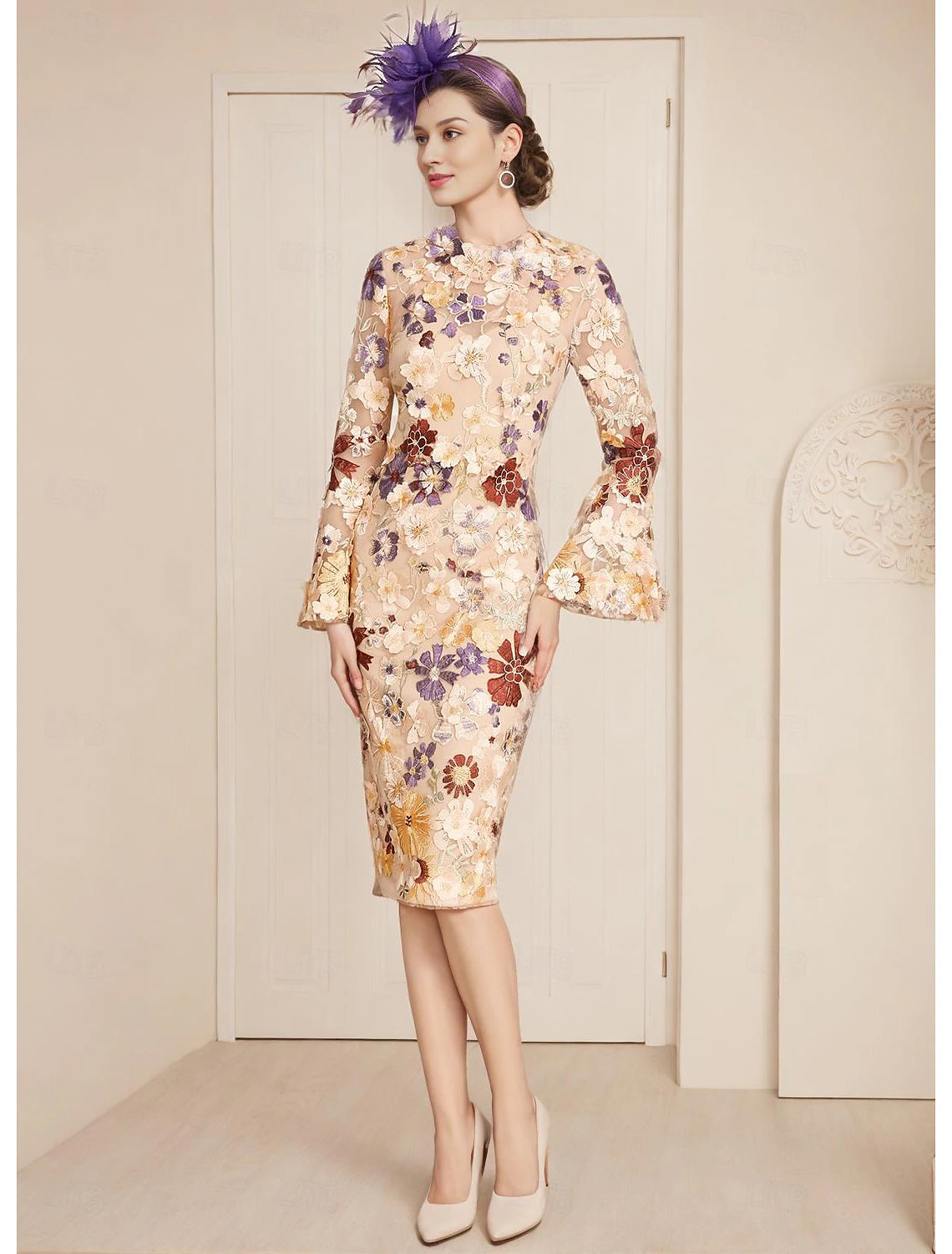 Buyishang Sheath Mother of the Bride Dress Formal Wedding Guest Elegant Off Shoulder Tea Length Lace 3/4 Length Sleeve with Lace free custom size