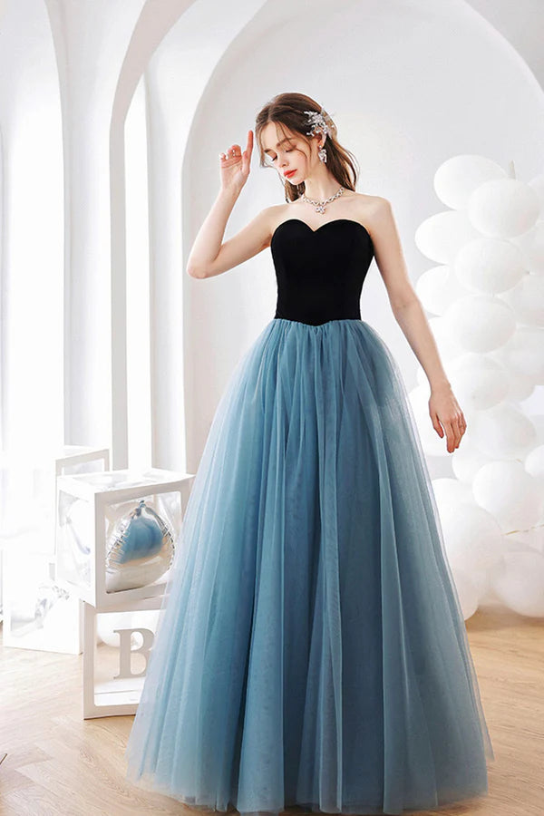 Blue Strapless Tulle Long Prom Dress Blue A-Line Graduation Dress