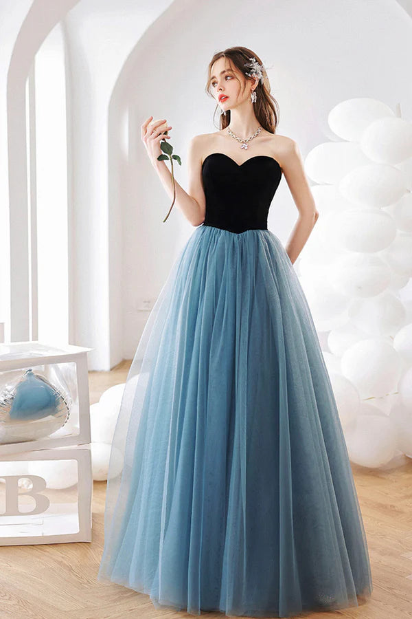 Blue Strapless Tulle Long Prom Dress Blue A-Line Graduation Dress