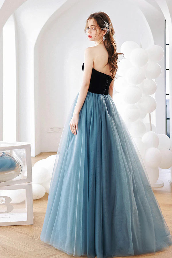Blue Strapless Tulle Long Prom Dress Blue A-Line Graduation Dress