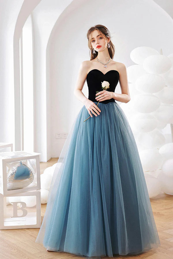 Blue Strapless Tulle Long Prom Dress Blue A-Line Graduation Dress