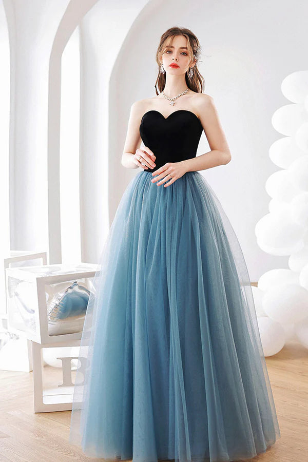 Blue Strapless Tulle Long Prom Dress Blue A-Line Graduation Dress