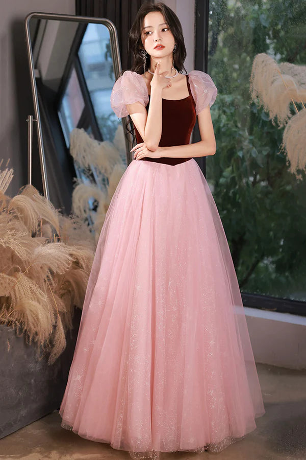 Pink Tulle and Velvet Short Sleeves Party Dress Pink Floor Length Formal Dress