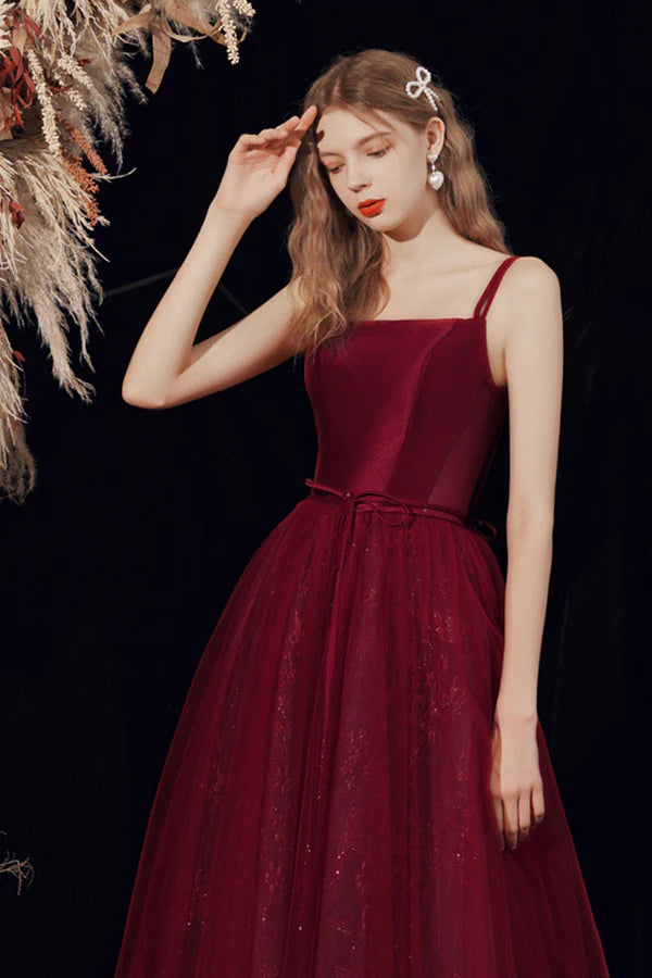 Spaghetti Straps Tulle Long Prom Dress Burgundy Evening Party Dress