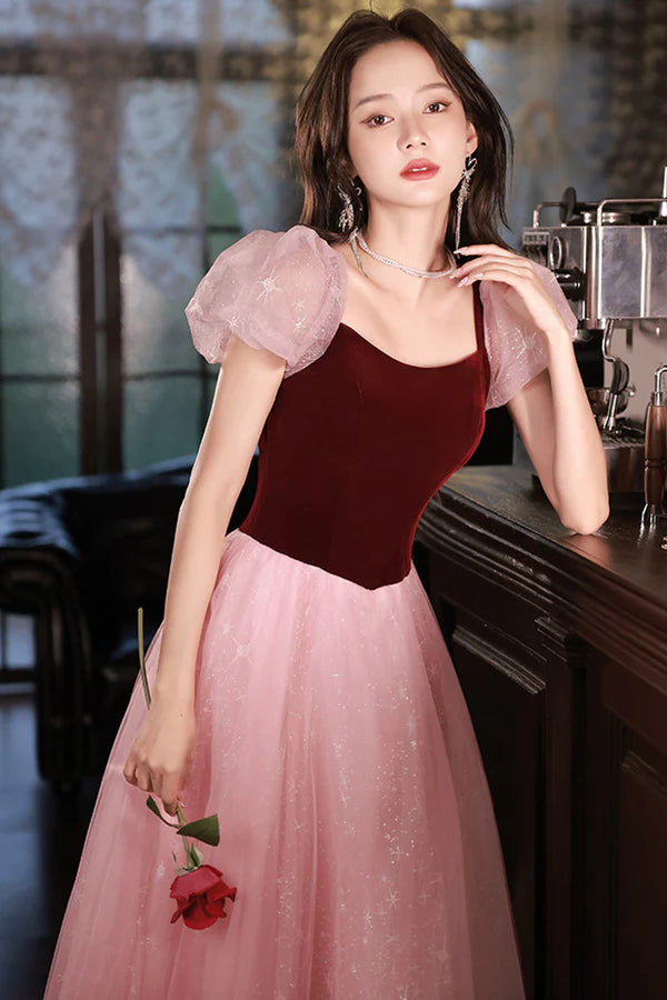 Pink Tulle and Velvet Short Sleeves Party Dress Pink Floor Length Formal Dress