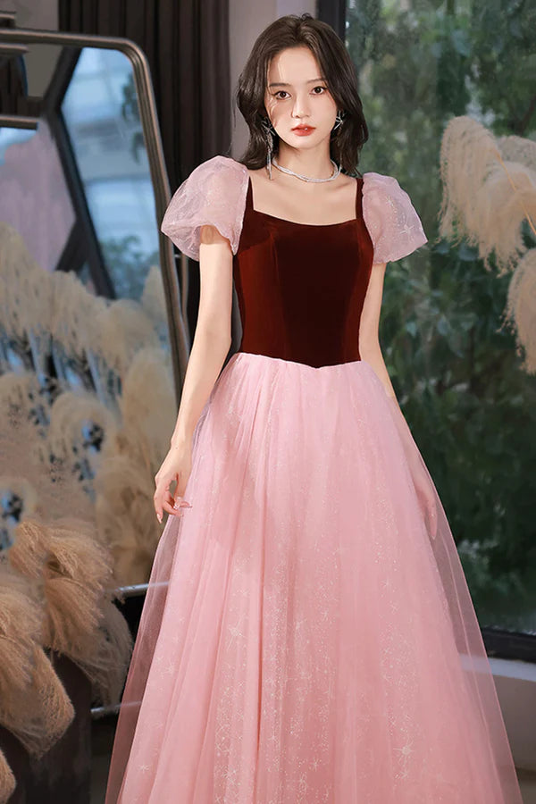 Pink Tulle and Velvet Short Sleeves Party Dress Pink Floor Length Formal Dress