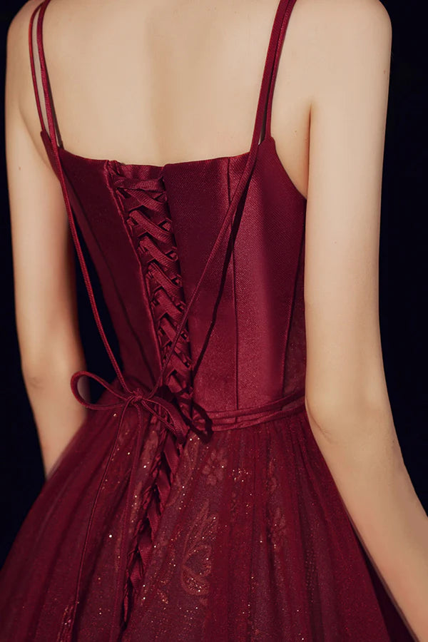 Spaghetti Straps Tulle Long Prom Dress Burgundy Evening Party Dress