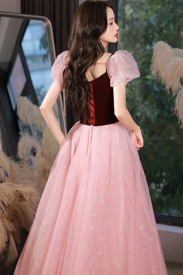 Pink Tulle and Velvet Short Sleeves Party Dress Pink Floor Length Formal Dress