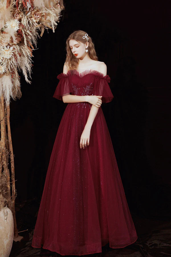 Burgundy Shiny Tulle Long A-Line Prom Dress Off the Shoulder Party Dress