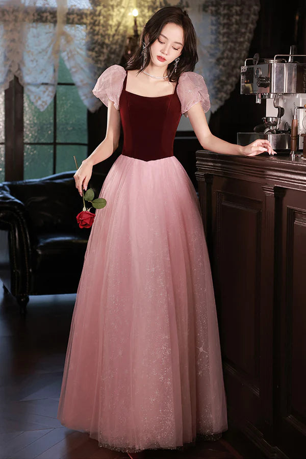 Pink Tulle and Velvet Short Sleeves Party Dress Pink Floor Length Formal Dress