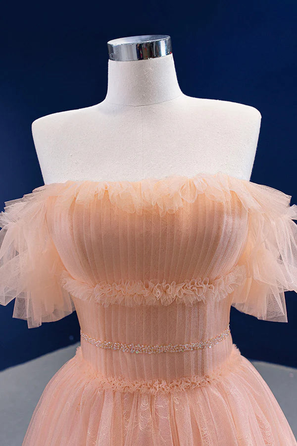 Pink Tulle Lace Strapless Prom Dress Pink A-Line Evening Party Dress