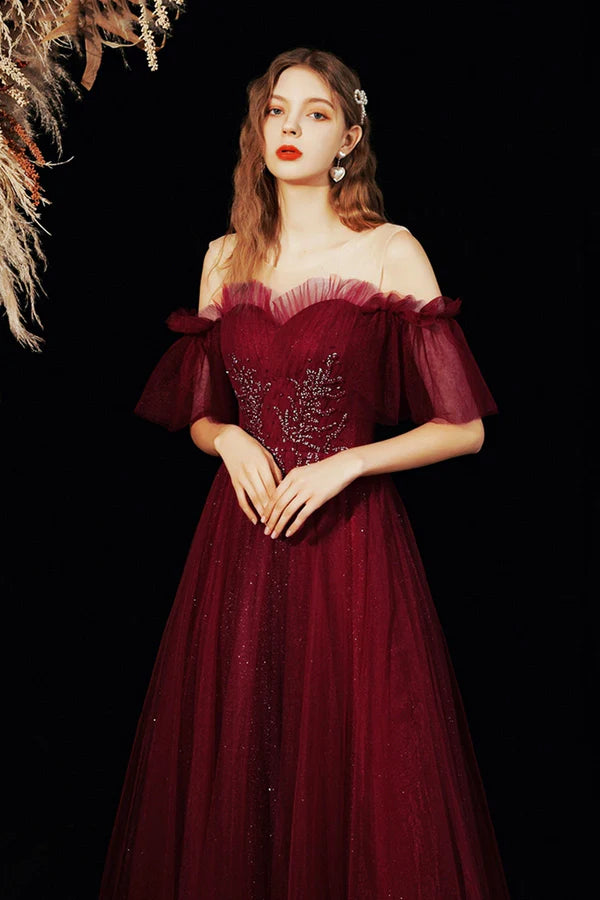 Burgundy Shiny Tulle Long A-Line Prom Dress Off the Shoulder Party Dress