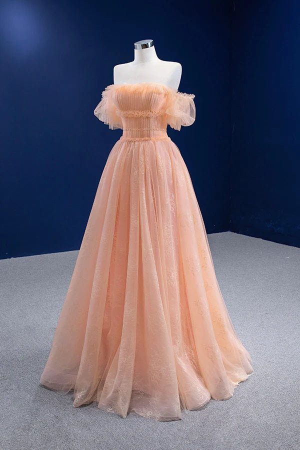 Pink Tulle Lace Strapless Prom Dress Pink A-Line Evening Party Dress