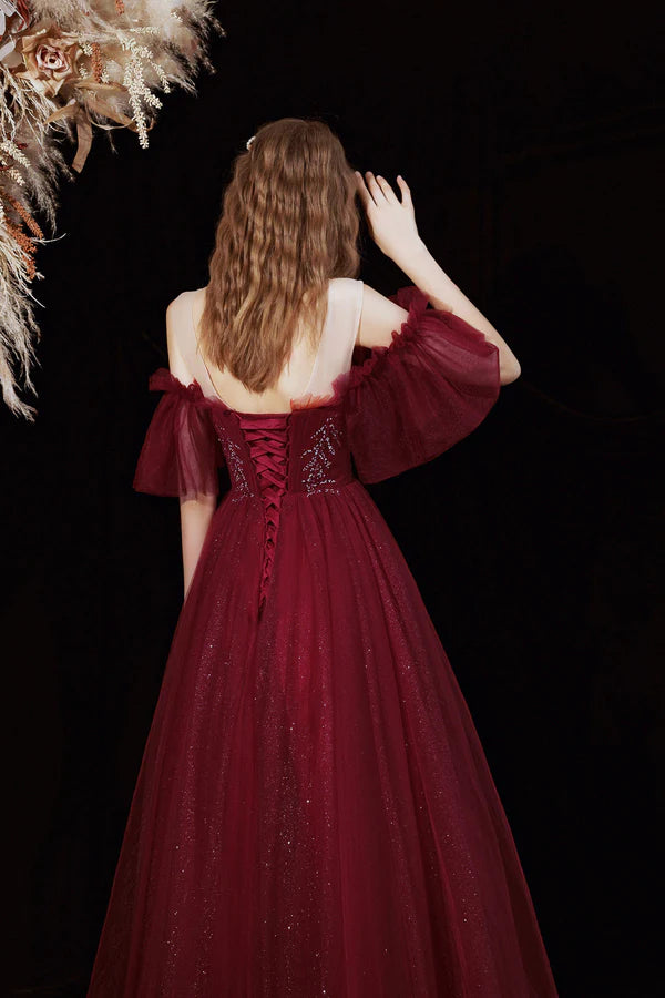 Burgundy Shiny Tulle Long A-Line Prom Dress Off the Shoulder Party Dress