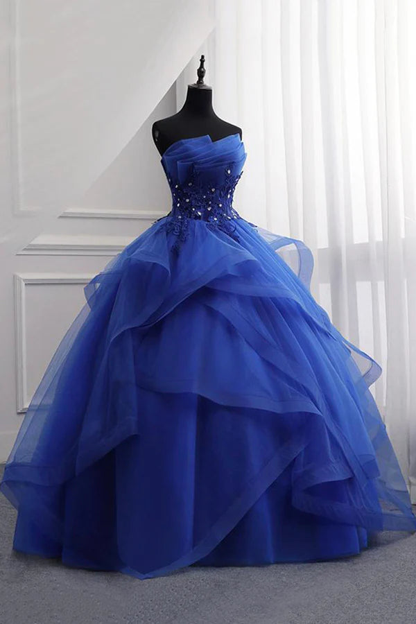 Blue Lace Strapless Ball Gown Formal Dress Blue Long Sweet 16 Dress