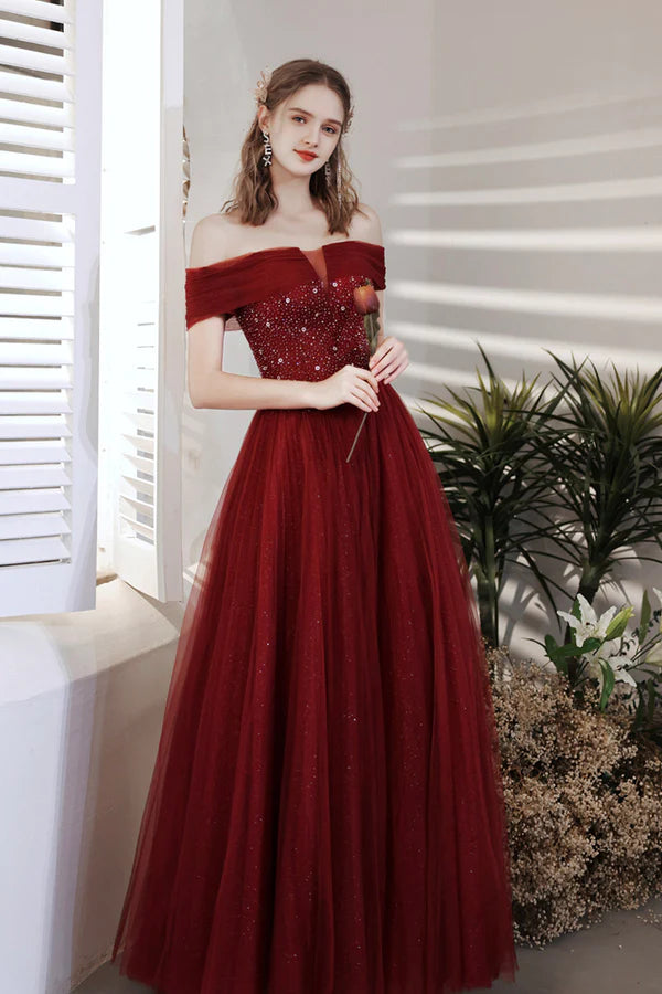 Burgundy Beaded Off Shoulder Lace-Up Prom Dress Burgundy Evening Party Dress