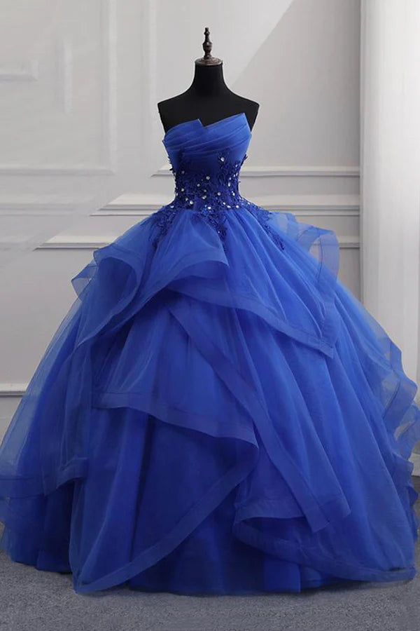 Blue Lace Strapless Ball Gown Formal Dress Blue Long Sweet 16 Dress