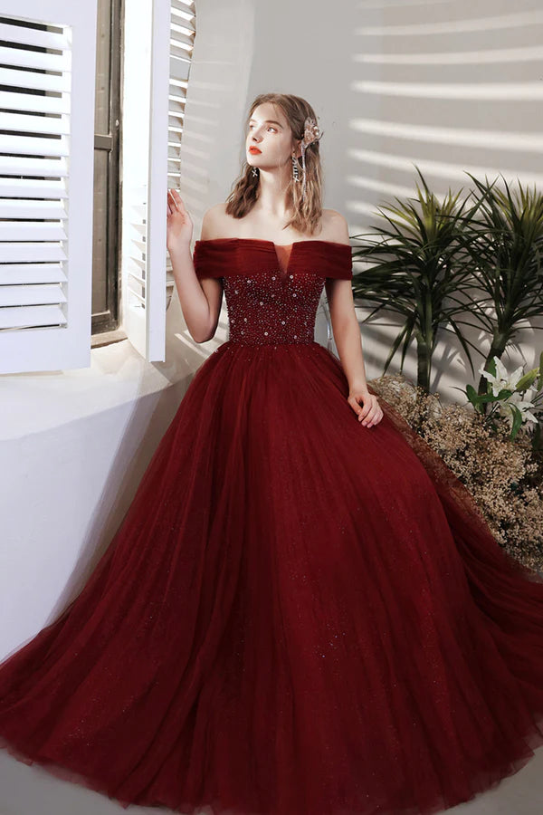 Burgundy Beaded Off Shoulder Lace-Up Prom Dress Burgundy Evening Party Dress