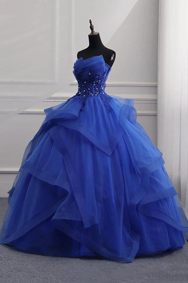 Blue Lace Strapless Ball Gown Formal Dress Blue Long Sweet 16 Dress
