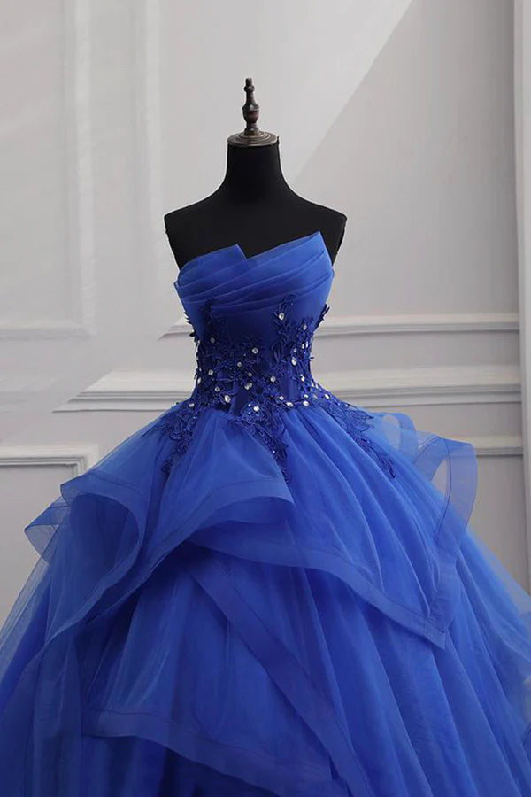 Blue Lace Strapless Ball Gown Formal Dress Blue Long Sweet 16 Dress