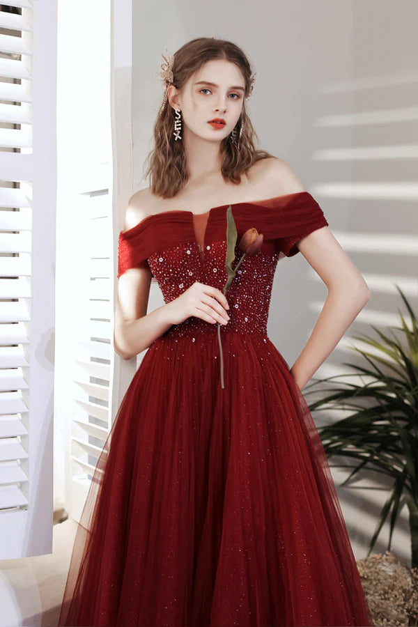 Burgundy Beaded Off Shoulder Lace-Up Prom Dress Burgundy Evening Party Dress