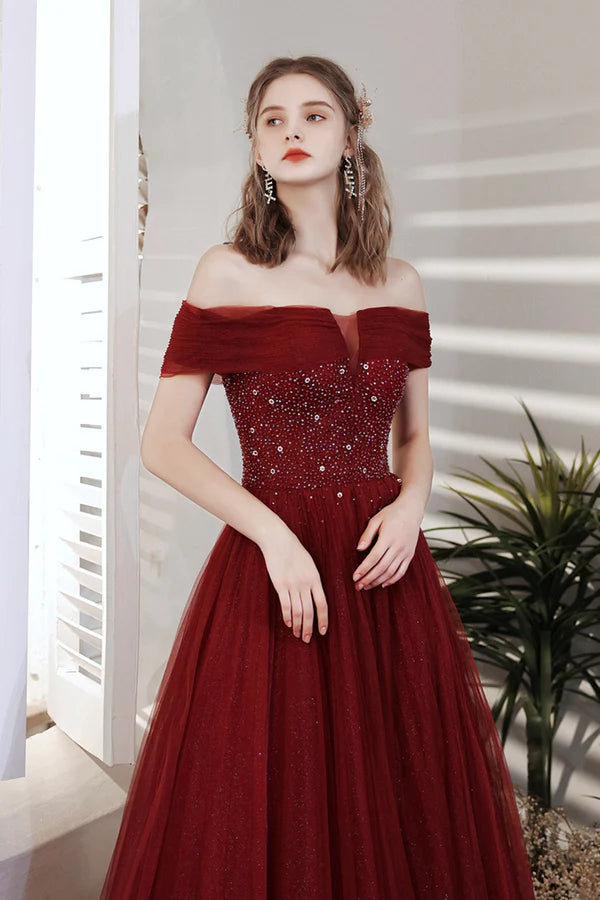Burgundy Beaded Off Shoulder Lace-Up Prom Dress Burgundy Evening Party Dress