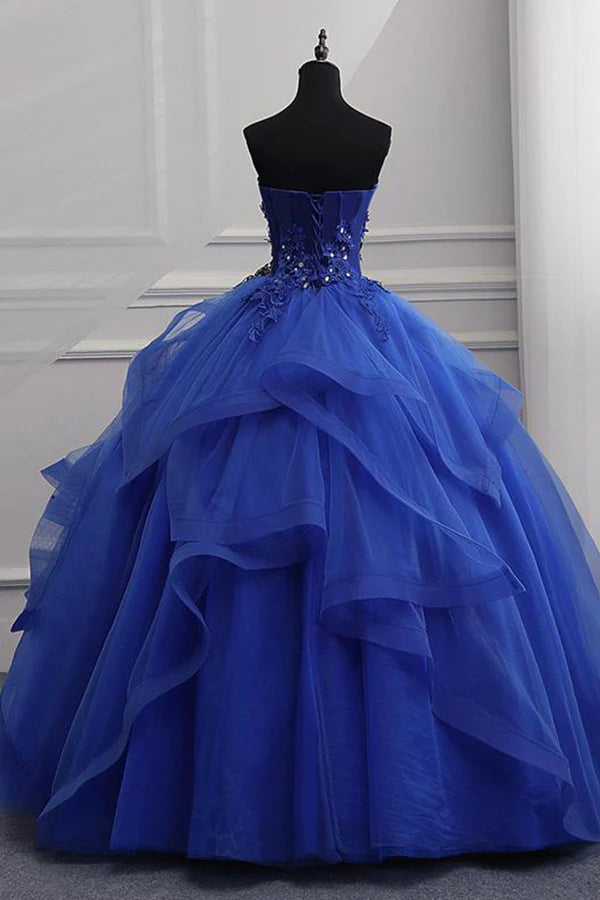Blue Lace Strapless Ball Gown Formal Dress Blue Long Sweet 16 Dress