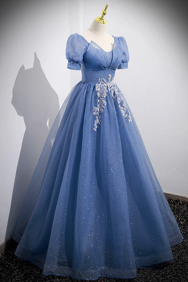 Blue Tulle Lace Floor Length Prom Dress Blue Short Sleeve Evening Dress