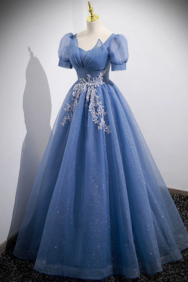 Blue Tulle Lace Floor Length Prom Dress Blue Short Sleeve Evening Dress