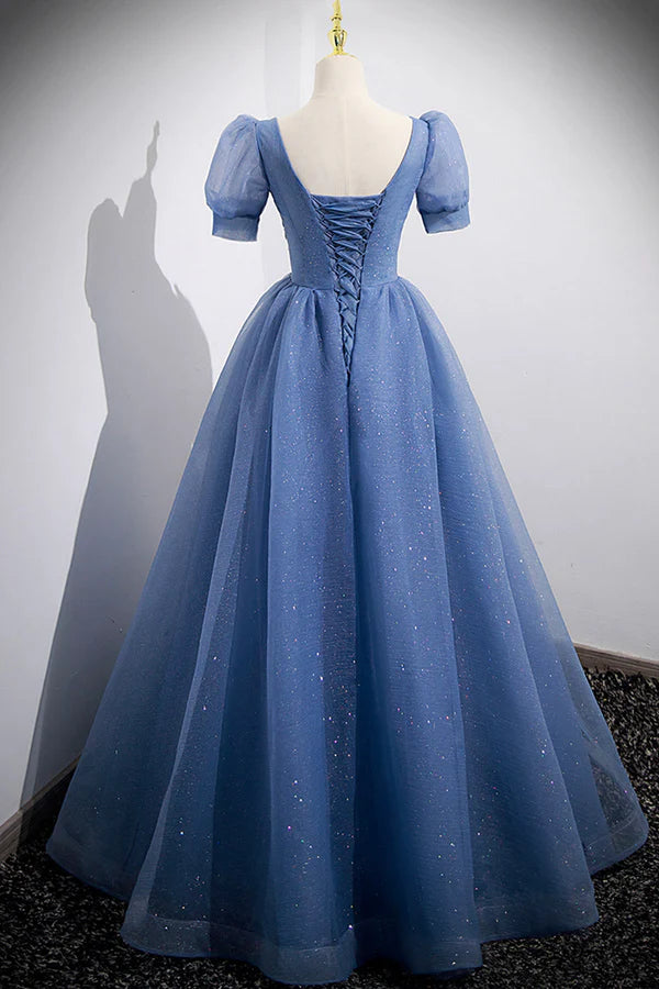 Blue Tulle Lace Floor Length Prom Dress Blue Short Sleeve Evening Dress