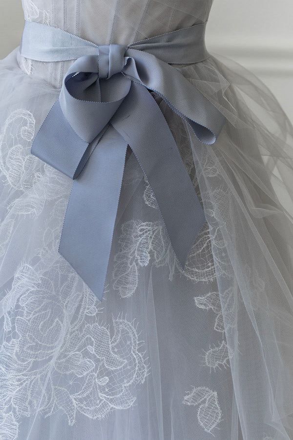 Gray Blue Lace Long Prom Dress Strapless Evening Party Dress