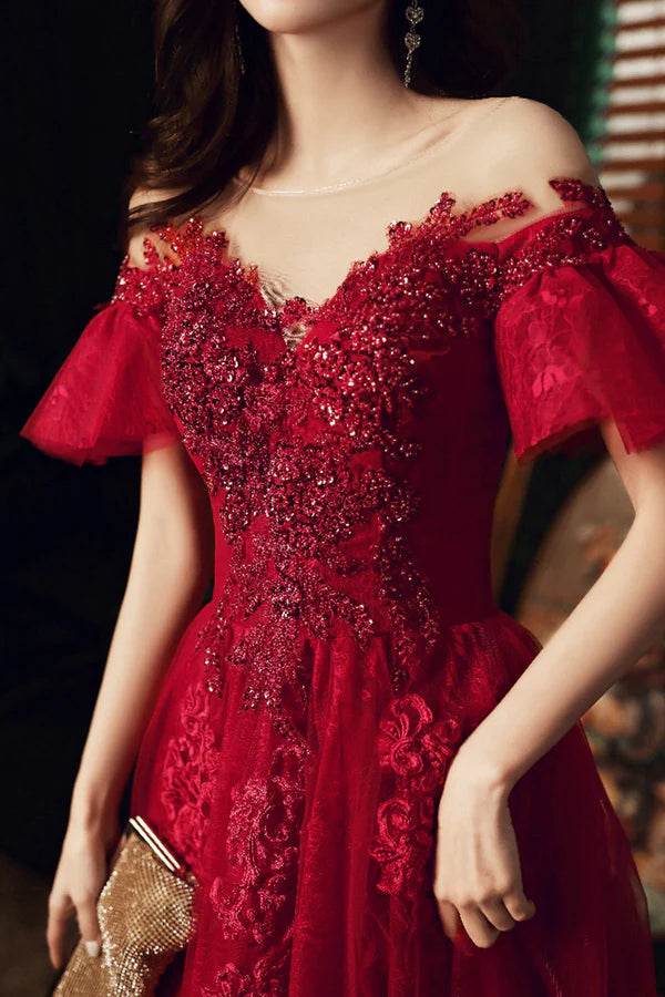 Burgundy Scoop Neckline Lace Long Prom Dress Burgundy Graduation Dress