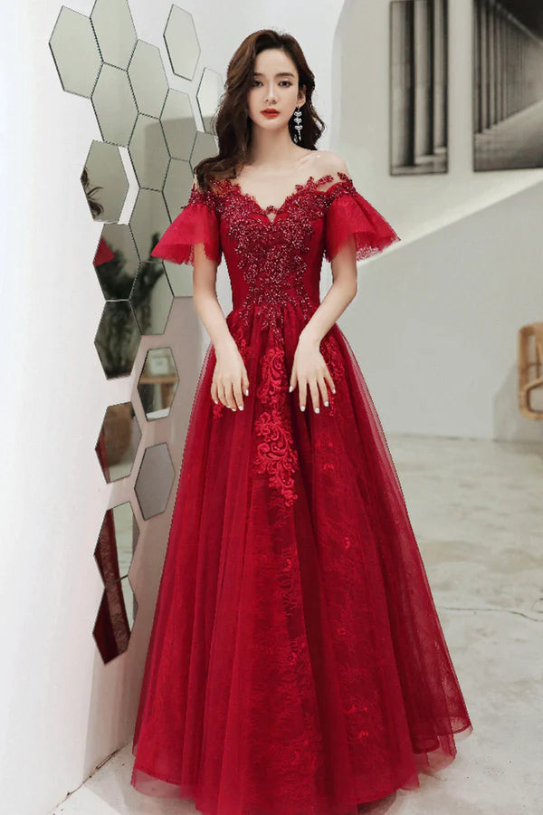 Burgundy Scoop Neckline Lace Long Prom Dress Burgundy Graduation Dress