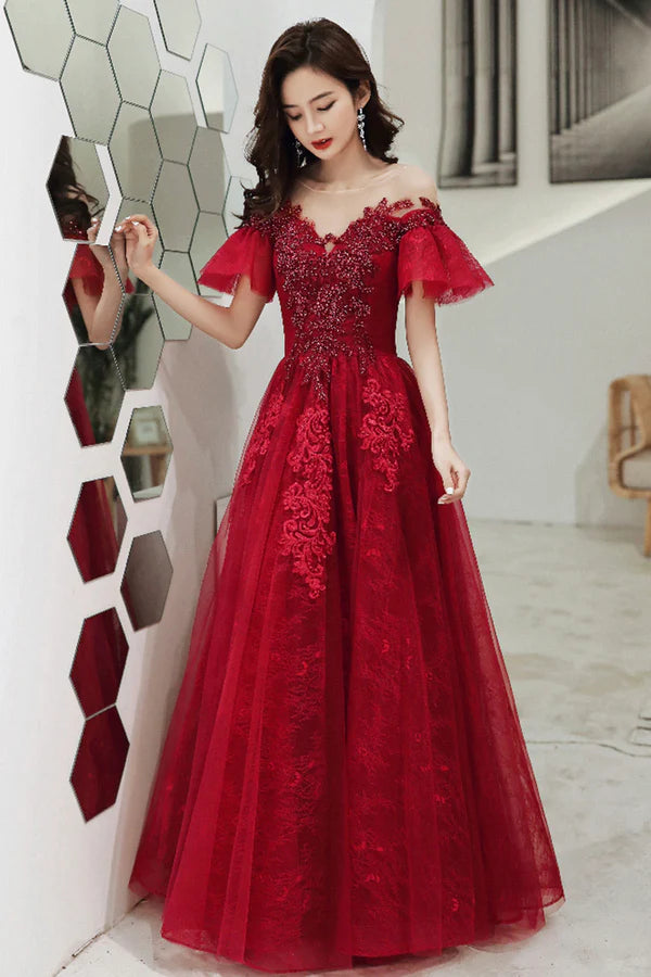 Burgundy Scoop Neckline Lace Long Prom Dress Burgundy Graduation Dress