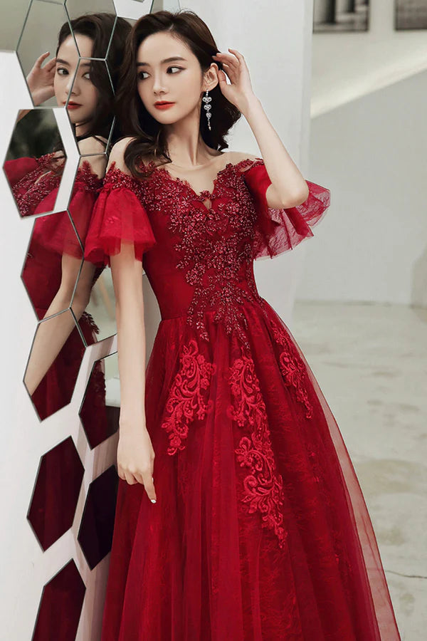 Burgundy Scoop Neckline Lace Long Prom Dress Burgundy Graduation Dress