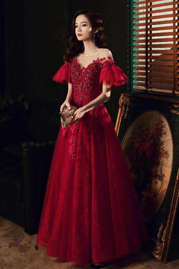 Burgundy Scoop Neckline Lace Long Prom Dress Burgundy Graduation Dress